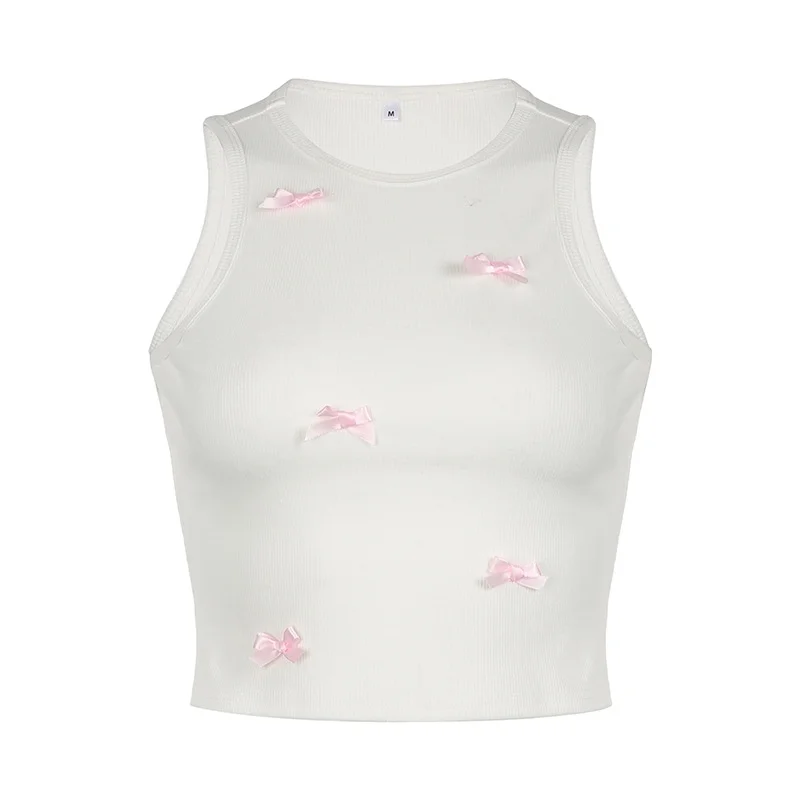 Ueong Sweet Pink Bow Stitching, Slimming, Ultra-Short Knitted Round-Neck Vest, Pure Desire For A Blouse.