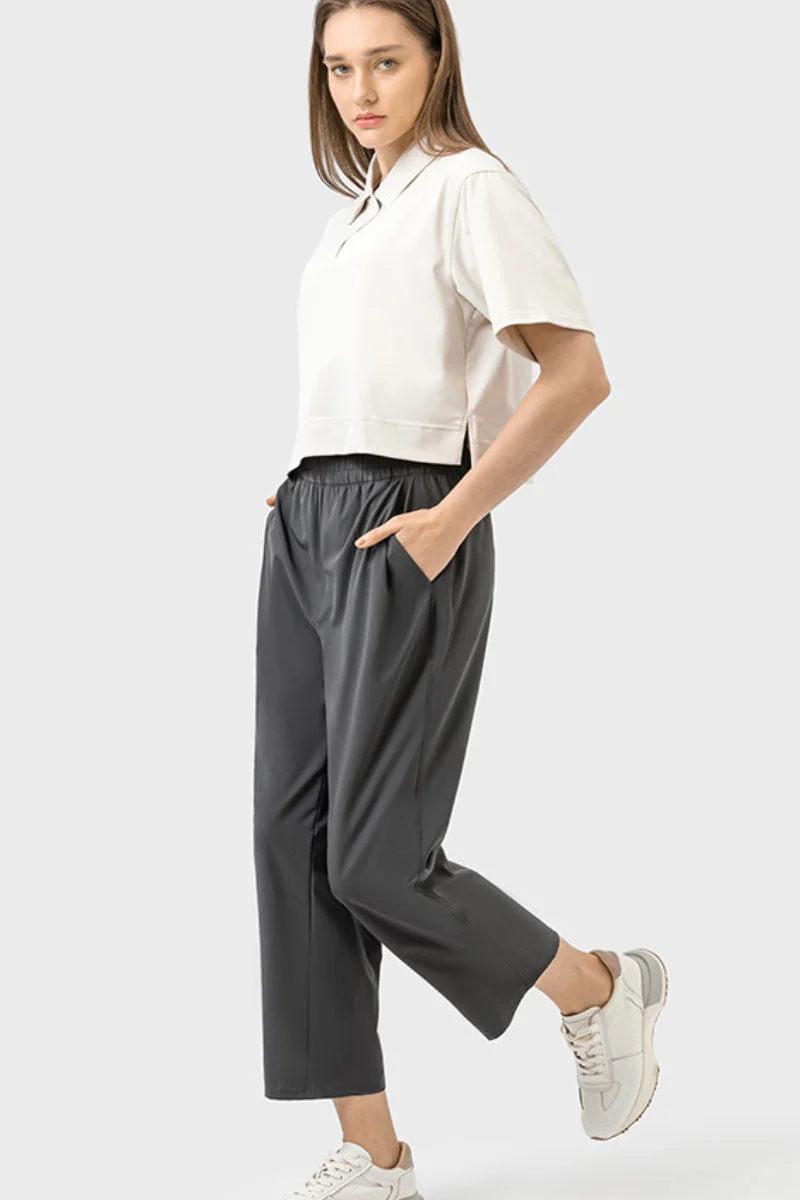 High Waist Elastic Waistband Casual Wide Leg Pants