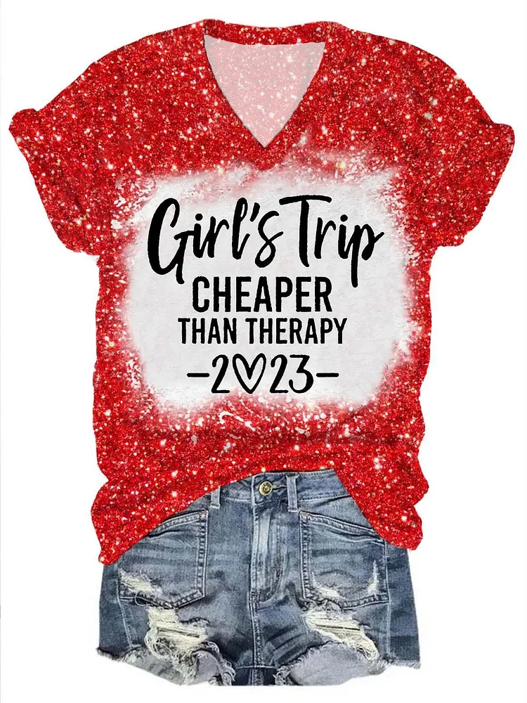 🔥Buy 3 Get 10% Off🔥Women's Girls Trip 2023 Cheaper Than Therapy Tie Dye Print V-Neck T-Shirt