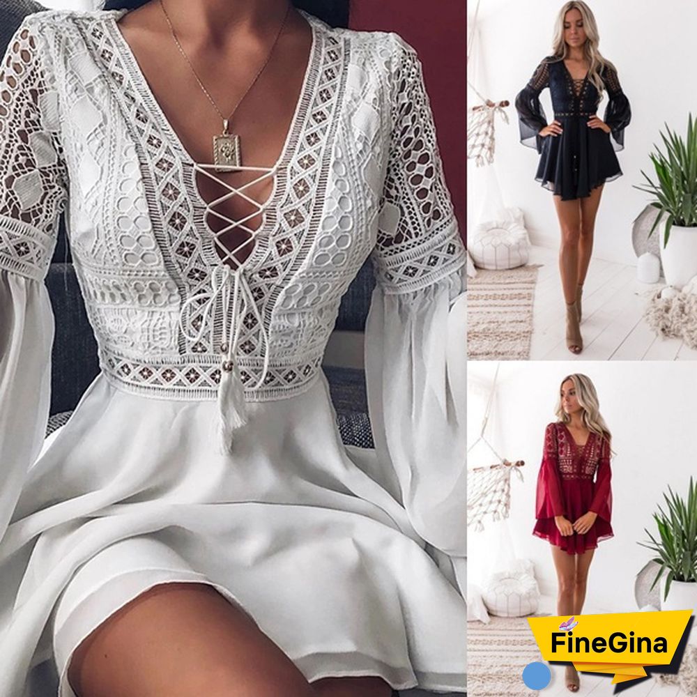 Women's A Line Dress Short Mini Dress White Black Red Long Sleeve Solid Color Ruffle Patchwork Spring Summer V Neck Hot Sexy Dresses