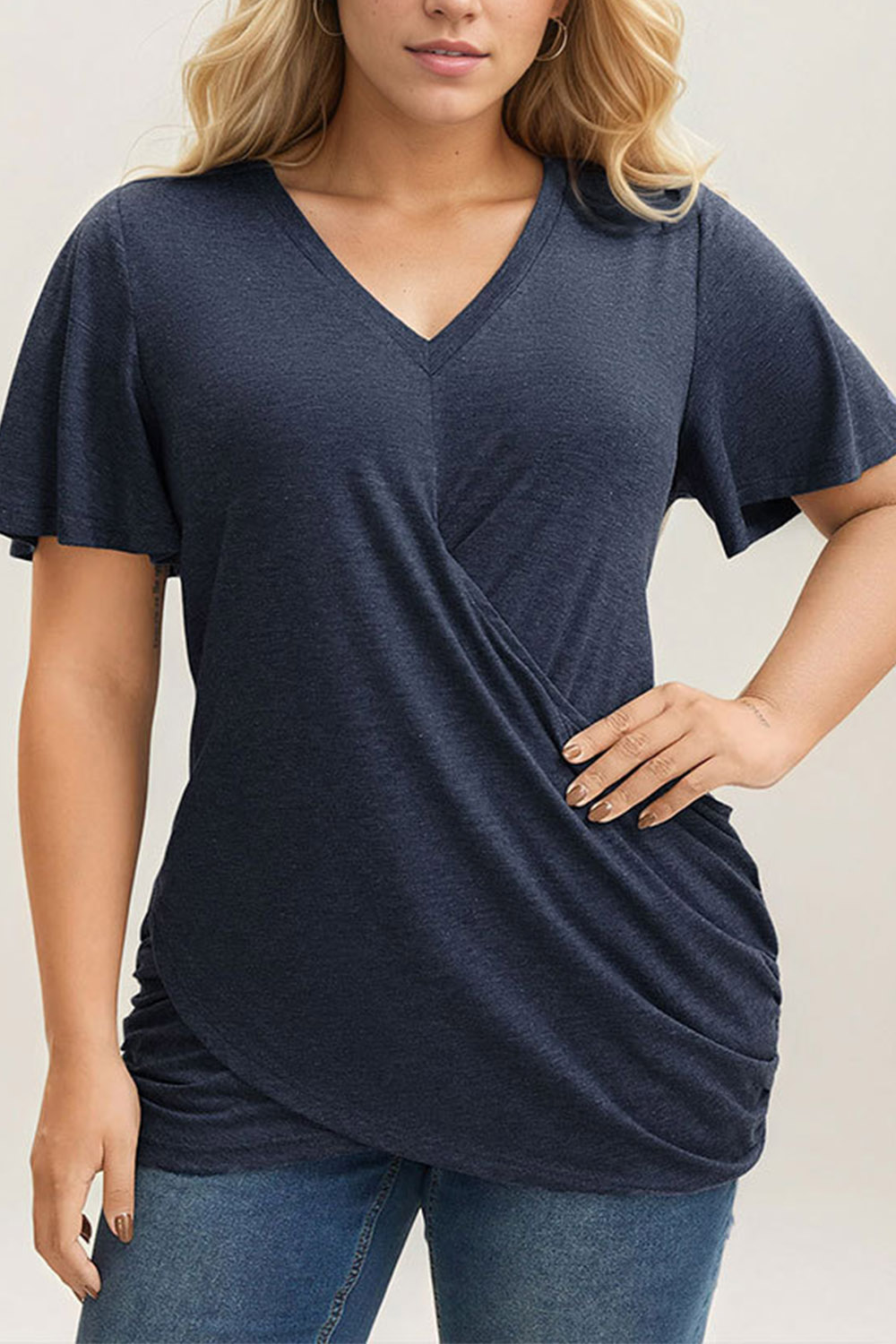 Plus Size Everyday Navy Blue Overlap Flutter Sleeve Blouse 2024 - Flycurvy 