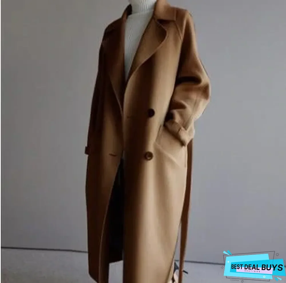 Autumn and Winter Medium Length Loose Over Knee Waist Closing Woolen Coat