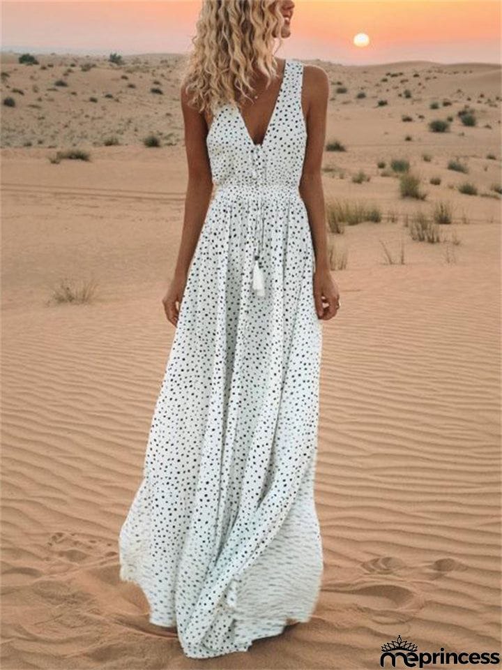 Bohemian V Neck Polka Dot Desert Flowy Dress for Women