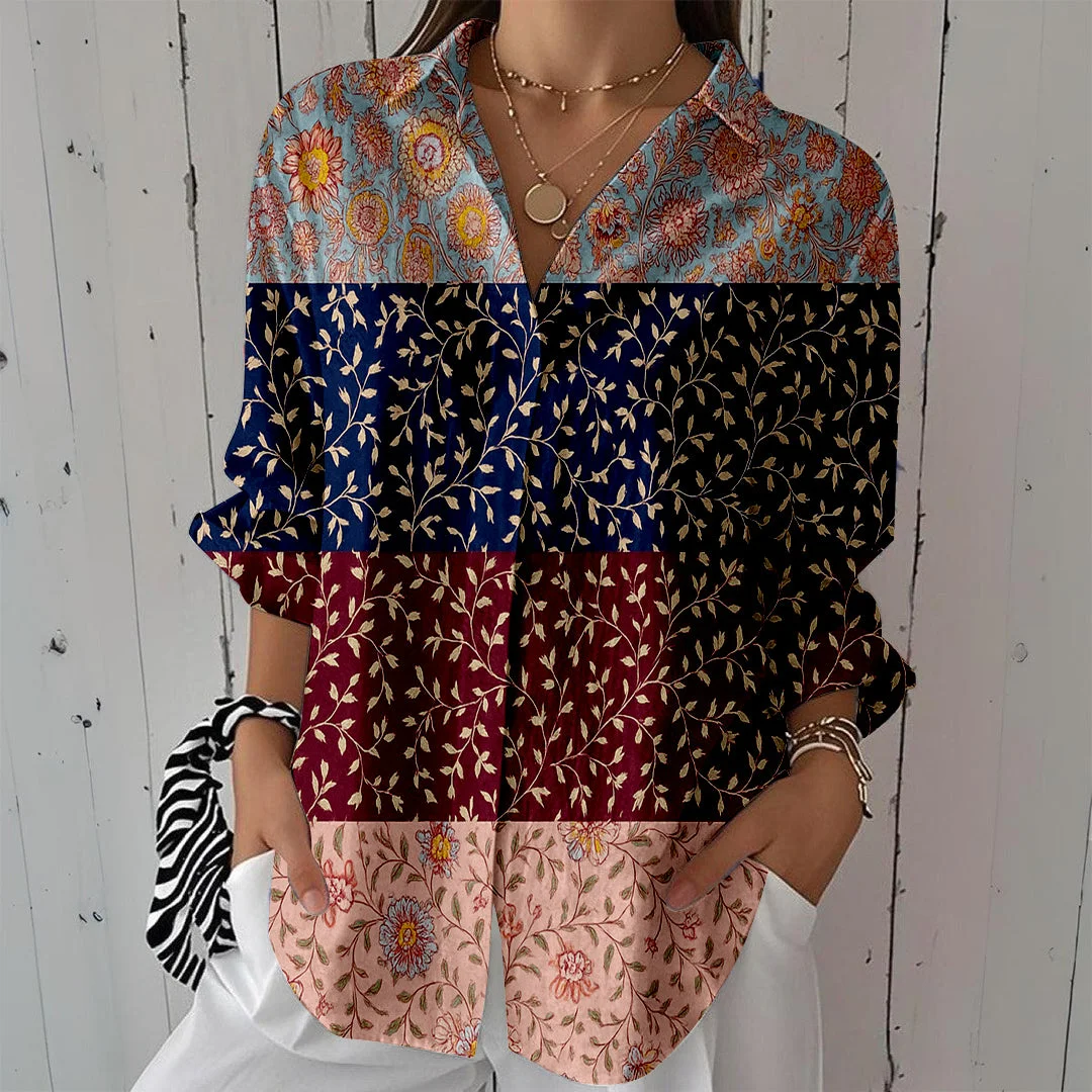 Style & Comfort for Mature Women Women Floral, Polka Dot, Blue, Red DZCL0342 3/4 Sleeve Shirt Collar Printed Button Tops