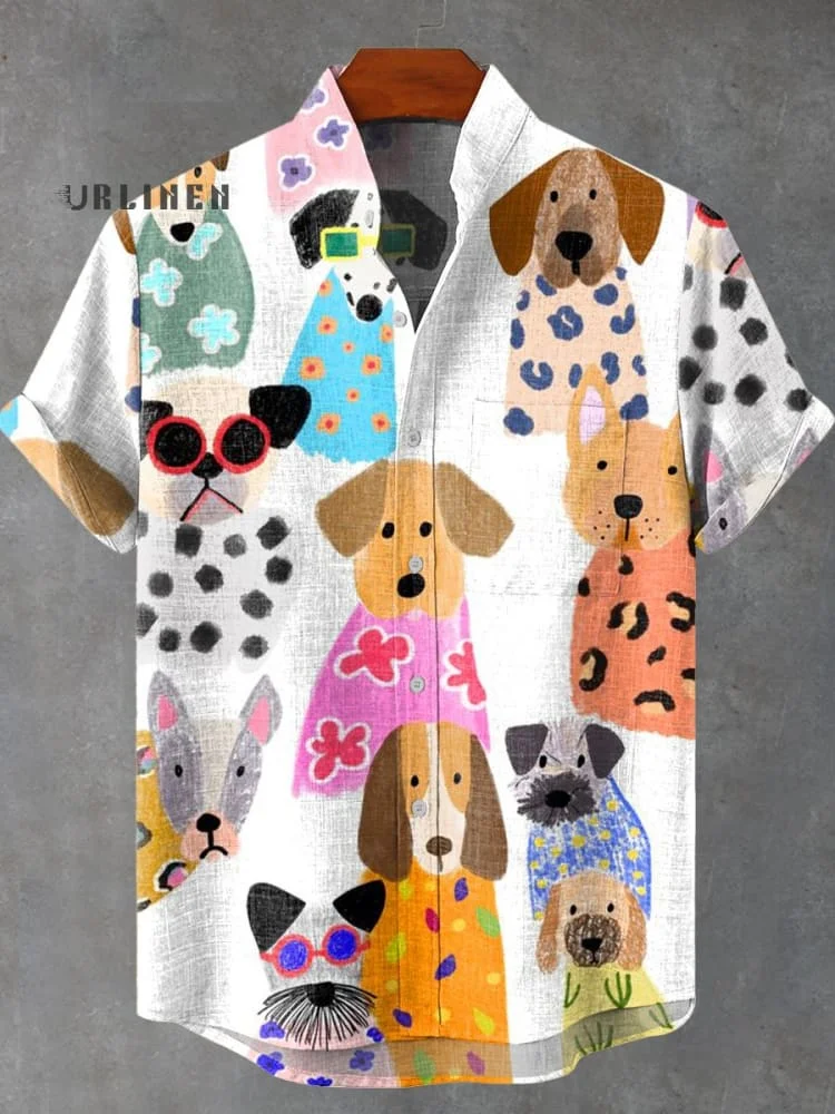 Fun and Colorful Dog Print Vintage Print Casual 100% Cotton Shirt