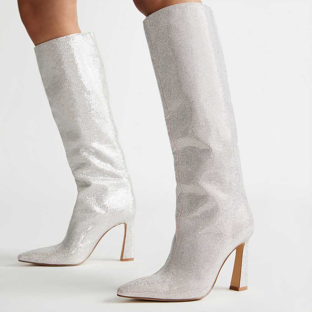 Silver Pointed Toe Flared Heel Rhinestone Wide-Calf Knee High Boots Nicepairs