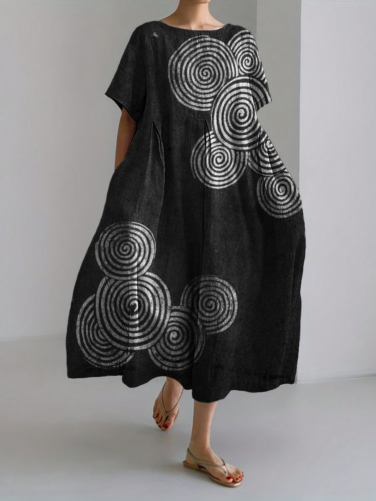 Comstylish Sea Waves Ripples Japanese Lino Art Linen Blend Maxi Dress