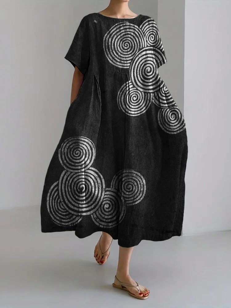 Sea Waves Ripples Japanese Lino Art Linen Blend Maxi Dress