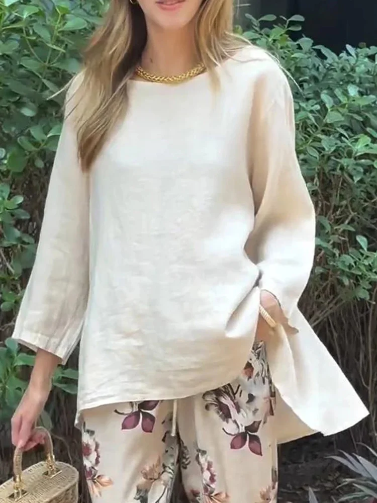 Solid Cotton and Linen Crew Neck Women Shirt