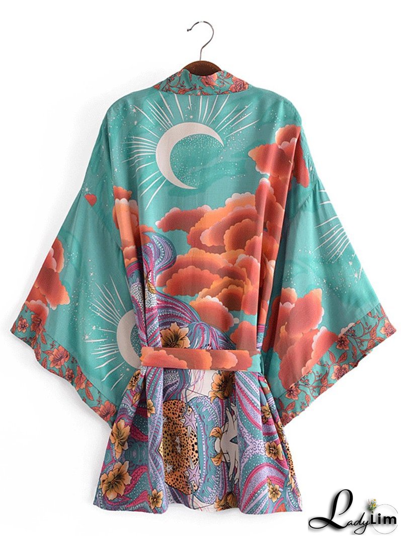 Partywear Short Kimono Floral Print Green Color Cotton Short Length Gown Kimono Duster Robe
