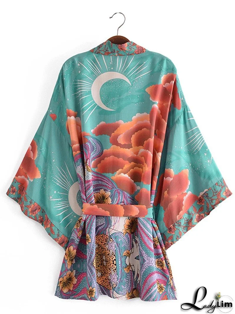 Partywear Short Kimono Floral Print Green Color Cotton Short Length Gown Kimono Duster Robe
