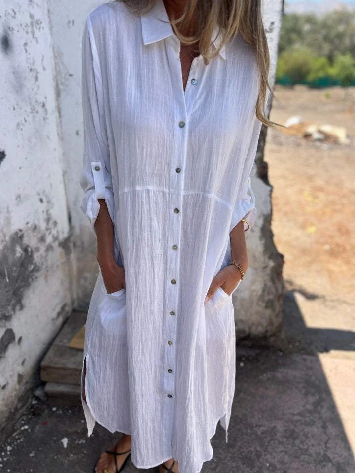 Women's Long Sleeve V-neck Solid Color Pockets Maxi Dress