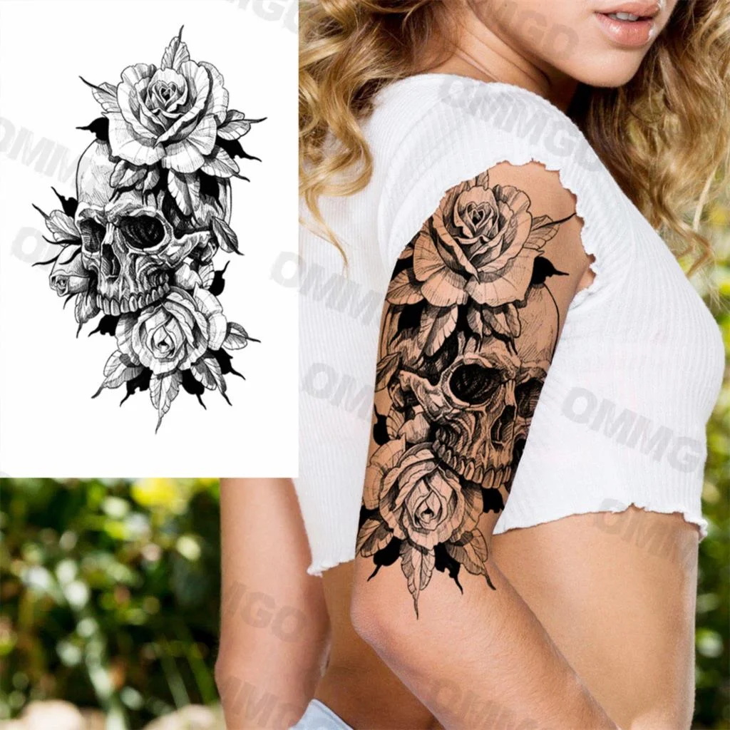 Sdrawing Rose Flower Skeleton Temporary Tattoos For Women Adult Girl Lion Tiger Crown Fake Tattoo Body Art Painting Tatoo Decal