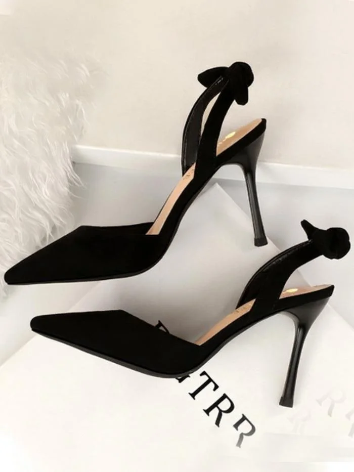 Fashion stiletto suede shallow mouth pointed toe hollow back strap small bow sandals