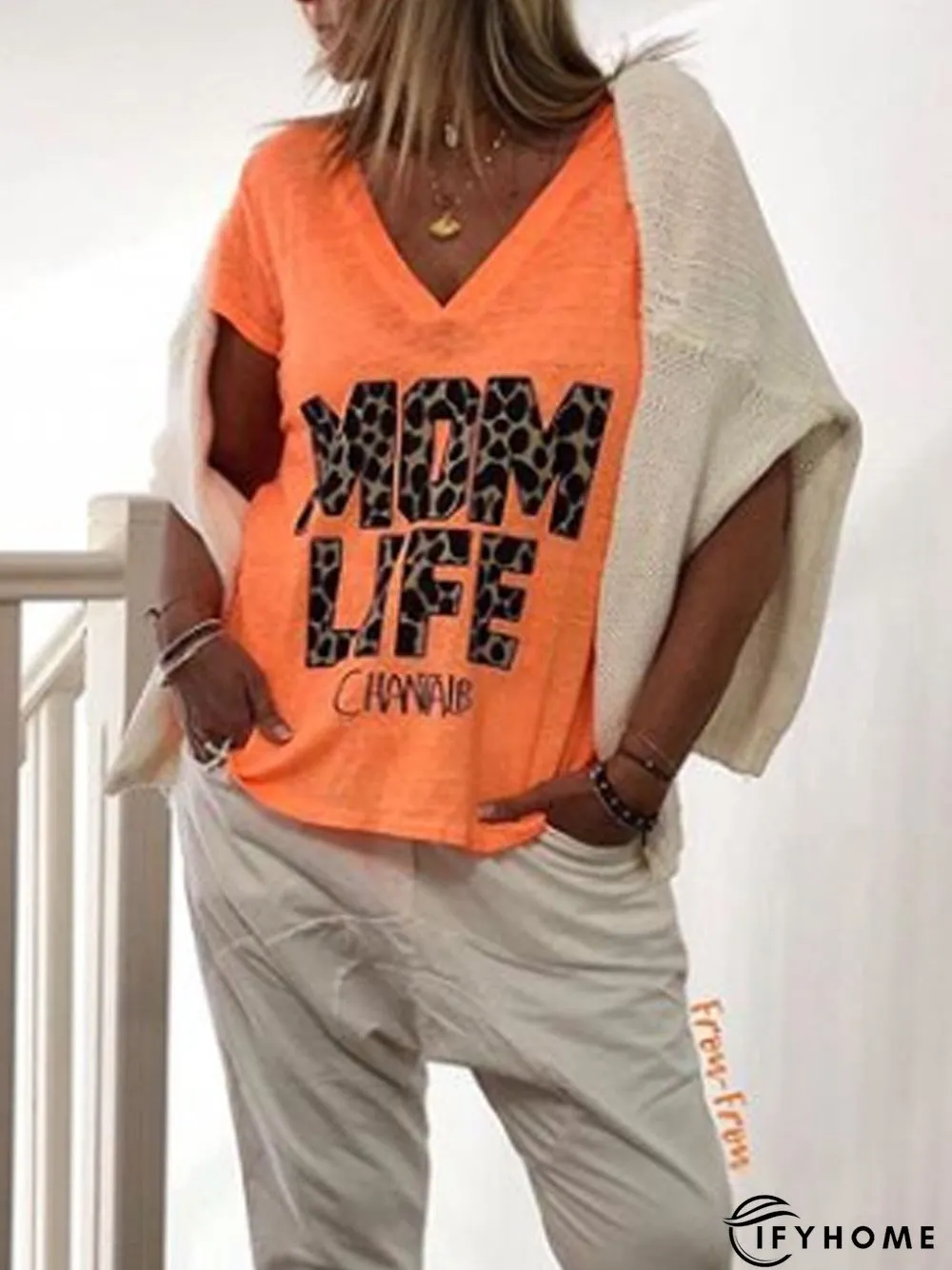 Orange Short Sleeve Letter Printed V Neck T-shirt | IFYHOME