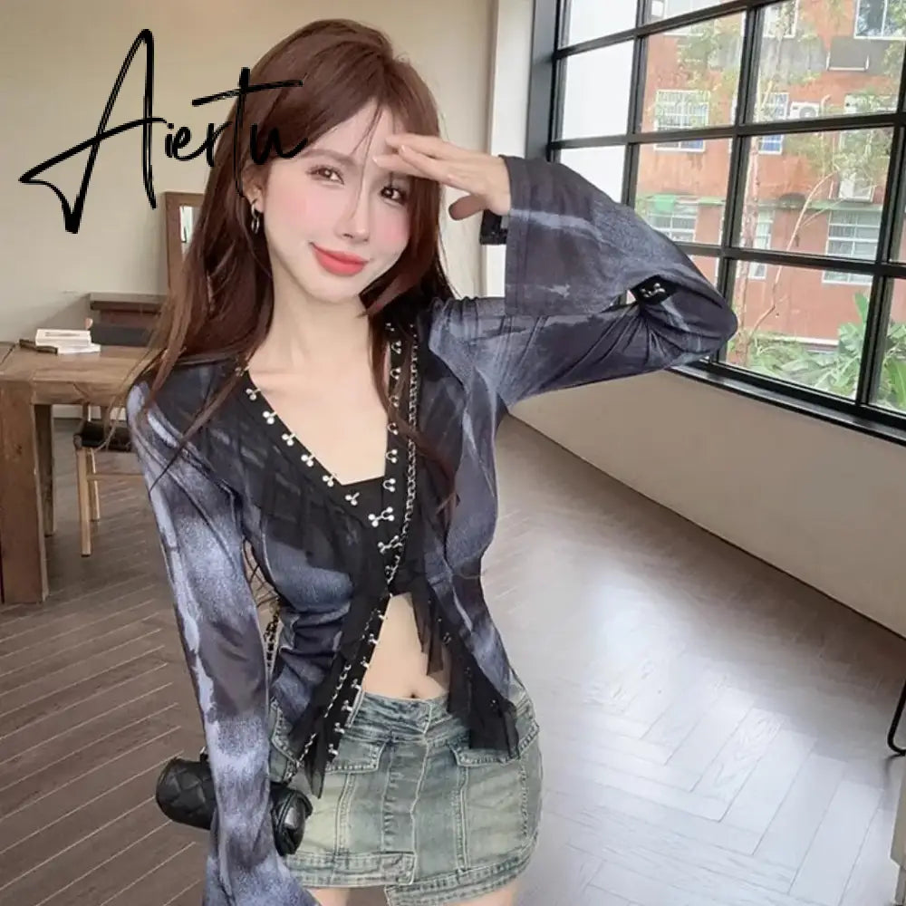 Aiertu Vintage Gothic Y2k Gauze Ruffle Cardigans Long Sleeve Goth Dark Fairy Grunge Women Blouses Streetwear Single-breasted Crop Tops Aiertu