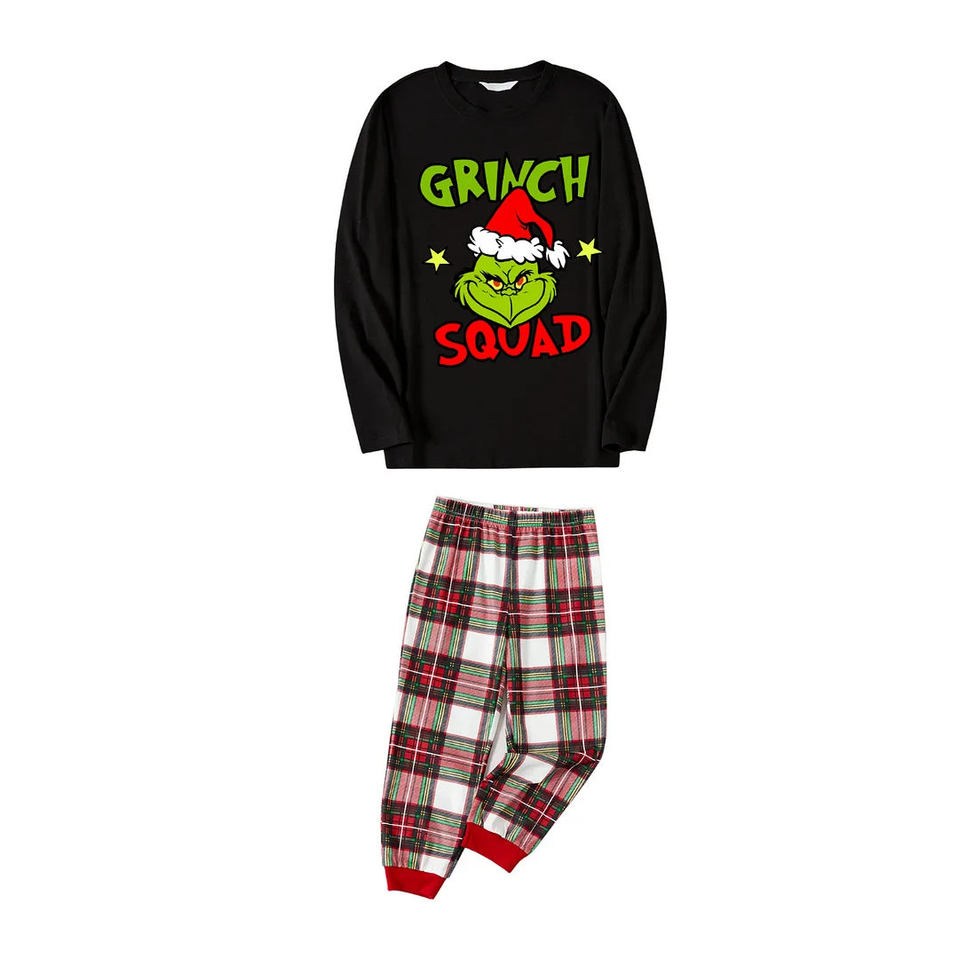 Christmas Cartoon Print and Text Print Black Long Sleeve Top with Red & White & Green Plaid Family Matching Pajamas 2024