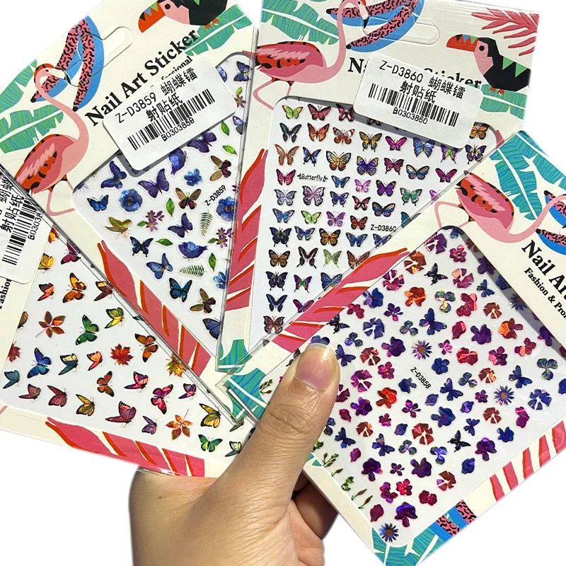 4PCS/Lot Pink Bule Butterfly Nail Stickers 3D Adhesive Transfer DIY Nail Art Decoration Manicure Salon Acrylic Tips Tool WG4365-Nail Inspo