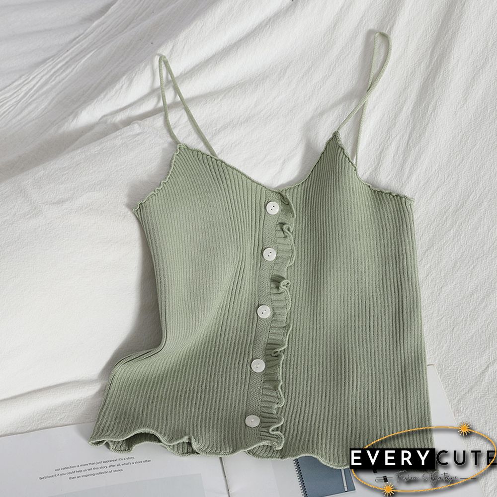Pearl Diary Women Spaghetti Strap Knitted Tops Summer Ruffle Camis Top With Front Buttons Solid Color Basic Knitted Cute Tops