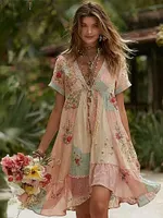 Women's Bohemian Patchwork Casual Vacation Short-sleeve Dress