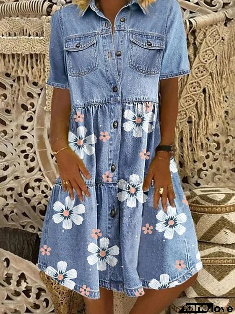 Plus Size Short-sleeved Lapel Floral Printed Denim Dress