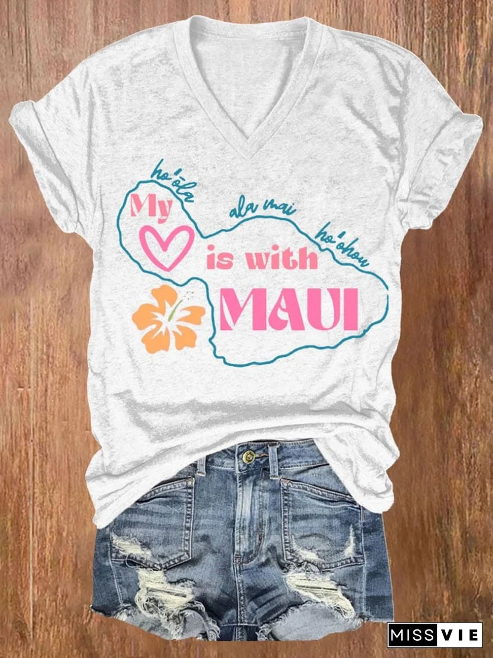 Women's Maui Strong My Heart Is With Maui Print Short Sleeve T-Shirt