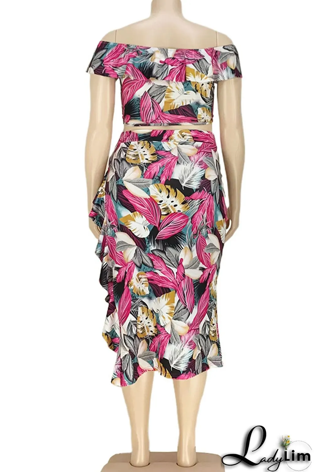 Rose Red Sexy Print Bandage Patchwork Slit Off the Shoulder Plus Size Two Pieces