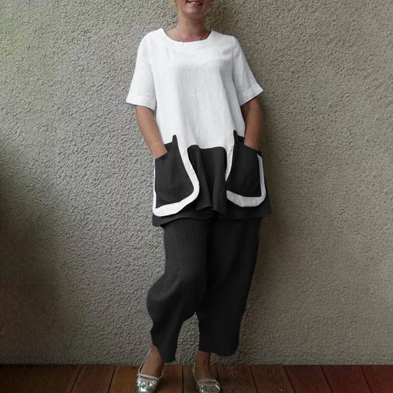 ZANZEA Casual Short Sleeve Patchwork Matching Sets Women Vintage O Neck Pocket Loose Tracksuit Summer Vocation Party Pant Sets