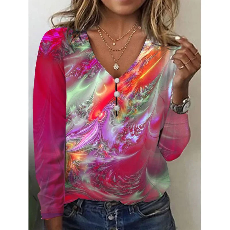 V-neck Starry Sky Tie Dyed Pearl Button Long Sleeve
