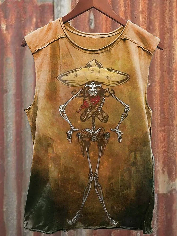 Vintage Funny Skeleton Undead Cowboy Art Print Casual Shirt Tee