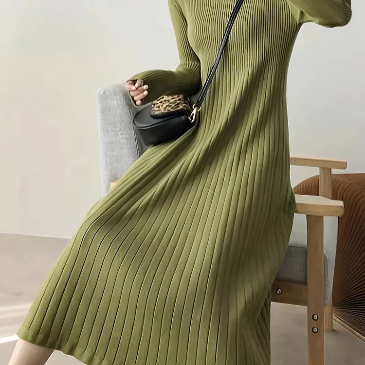 Solid A-line Mock Neck Dress, Casual Long Sleeve Knit Dress For Spring & Fall, Women's Clothing