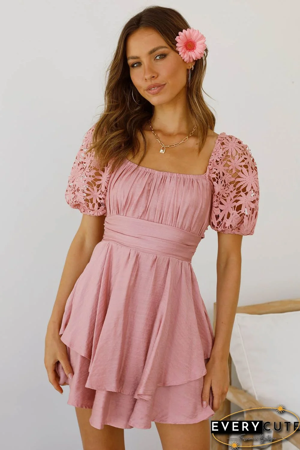 Pink Lace Sleeve Smocked High Waist Mini Dress