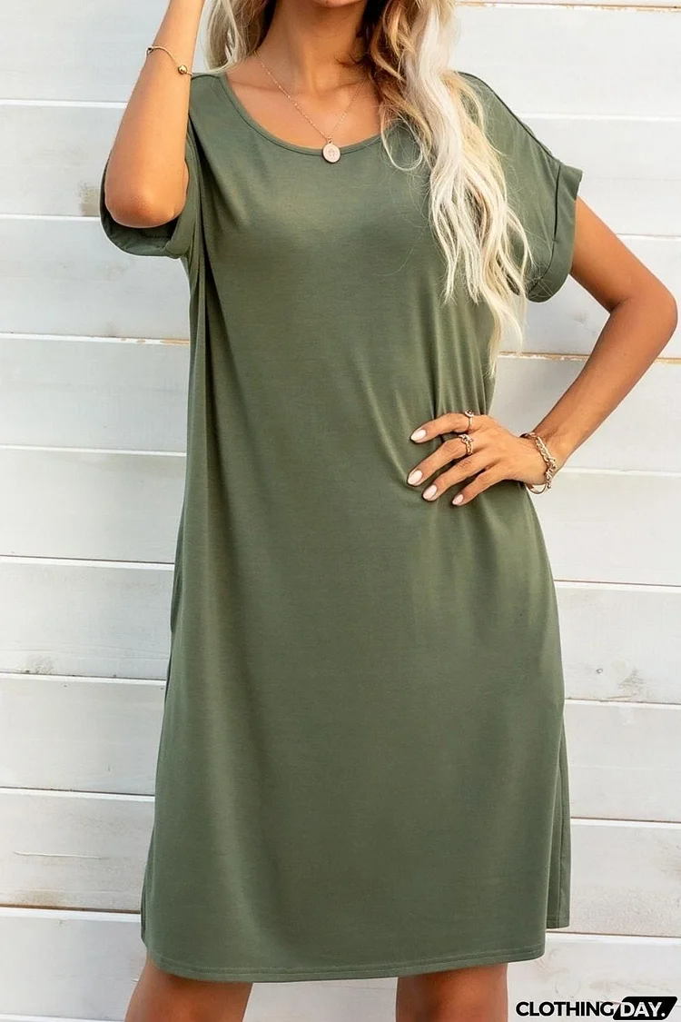 Scoop Neck Short Sleeve Pocket Dress