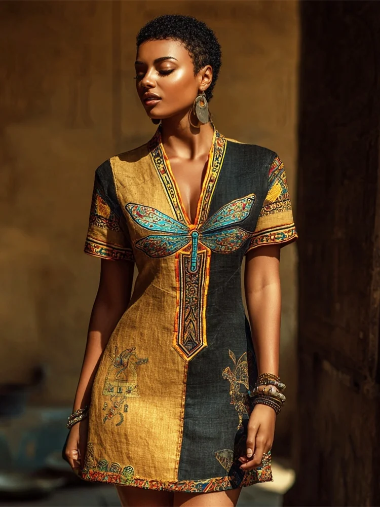 Vintage Egyptian Dragonfly Embroidery Women's Linen V-neck Mini Dress
