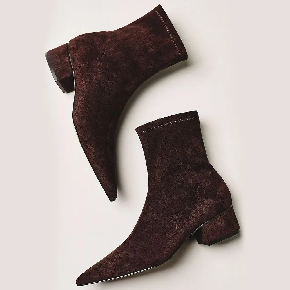 Women's Vegan Suede Brown Block Heel Pointed Toe Ankle Boots