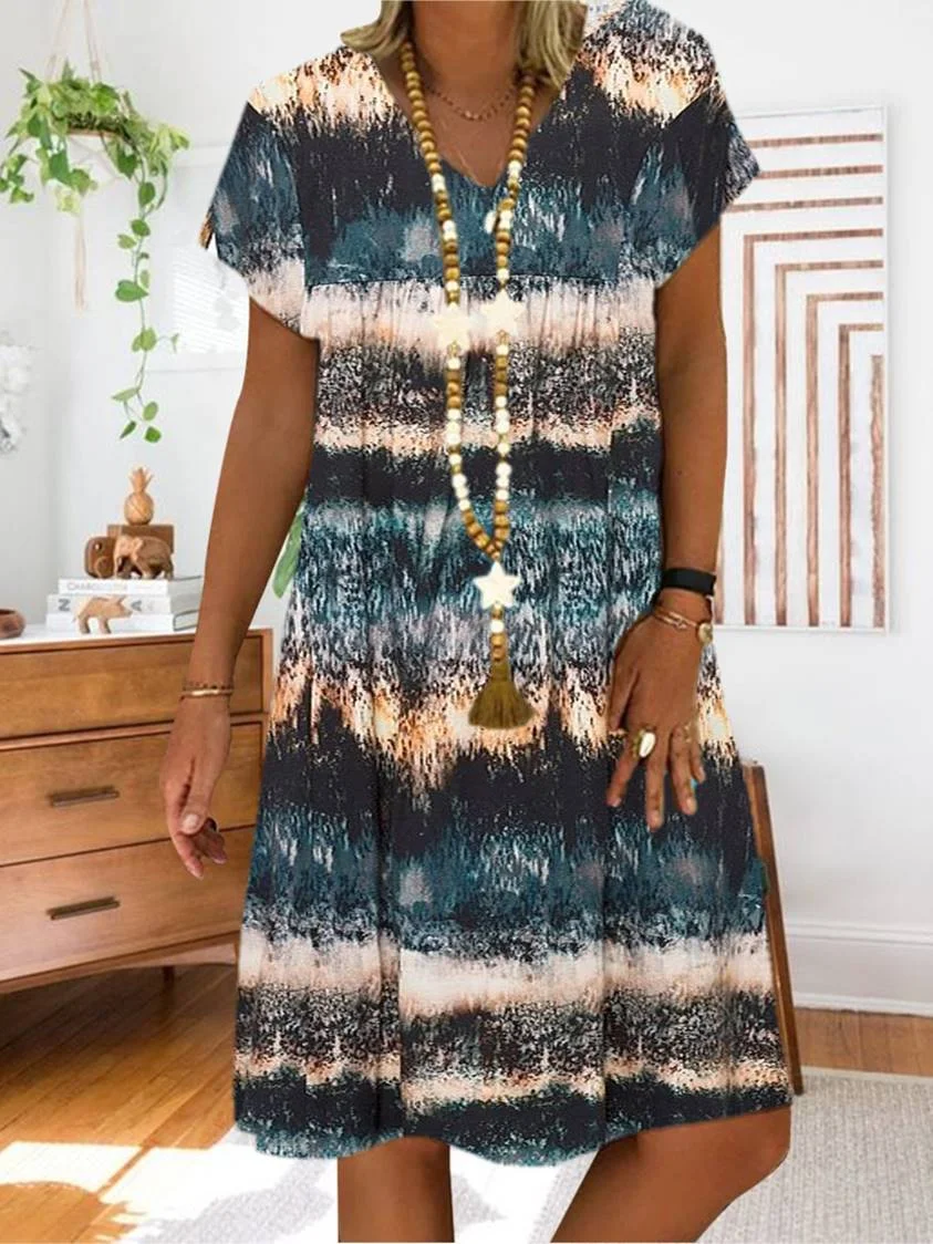 Women Half Sleeve V-neck Solid Color Dress