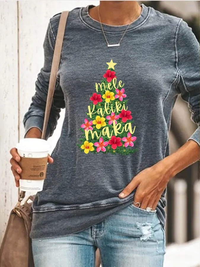 Women's Hawaiian Hibiscus Christmas Tree "Mele Kalikimaka" Print Sweatshirt