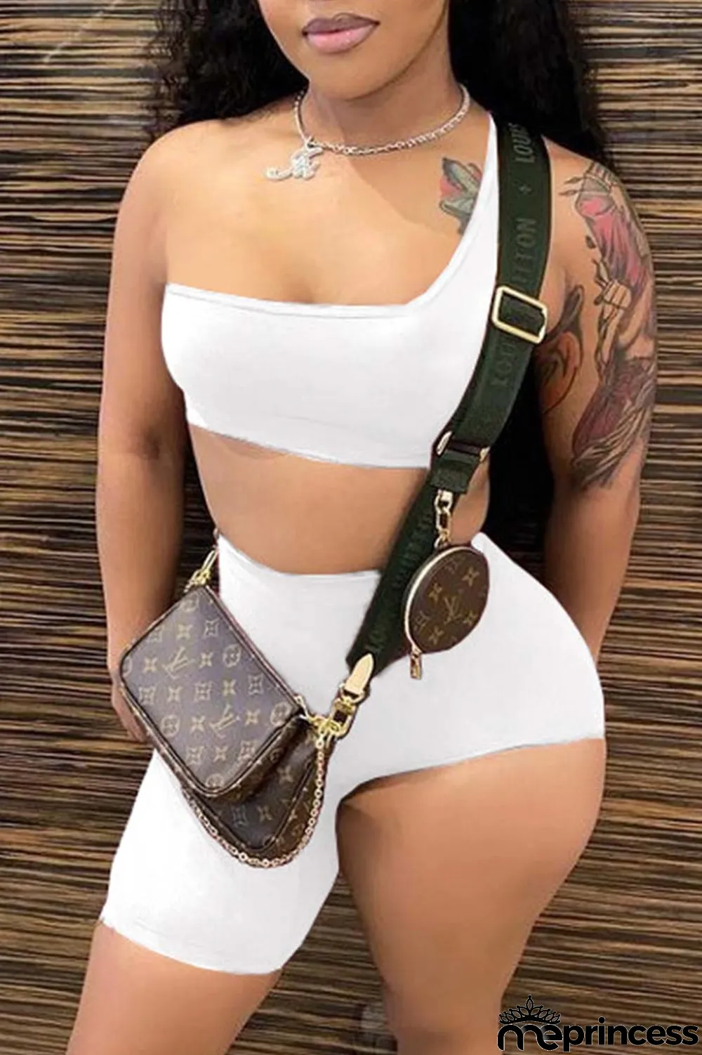 White Sexy Casual Asymmetrical One Shoulder Sleeveless Two Pieces