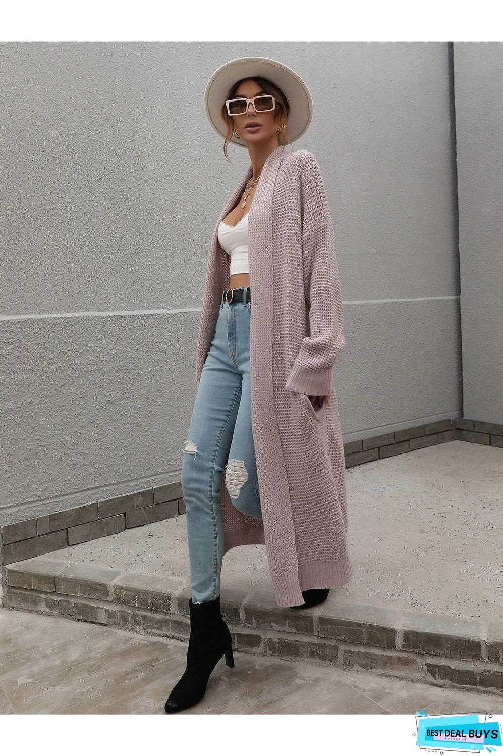 Waffle Knit Open Front Duster Cardigan With Pockets