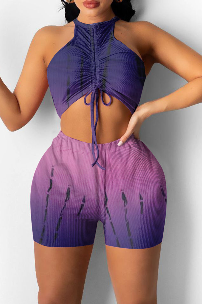 Purple Sexy Print Split Joint O Neck Sleeveless Two Pieces