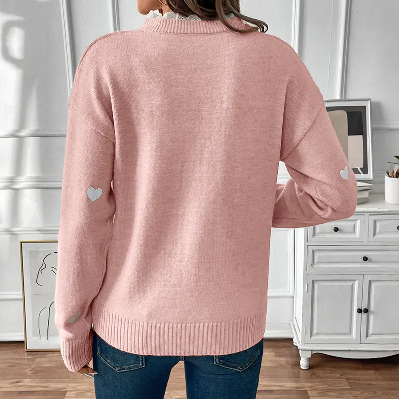 Women's Heart Print Sweater Lace Trim V Neck Casual Knit Top