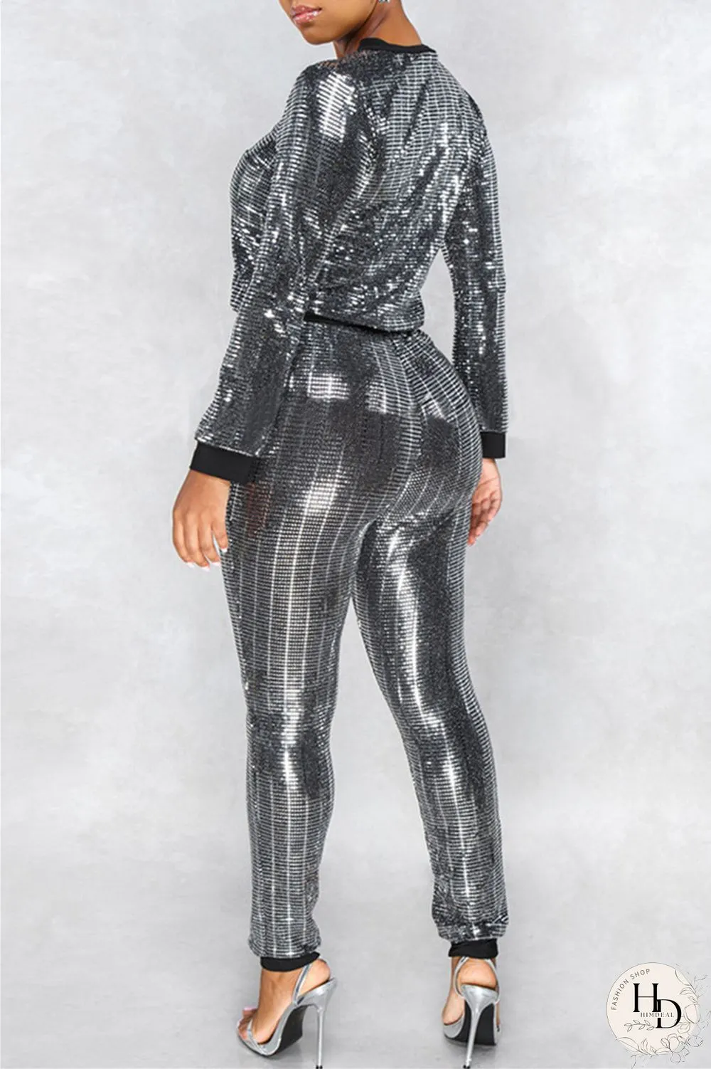 Brown Fashion Casual Patchwork Sequins O Neck Long Sleeve Two Pieces