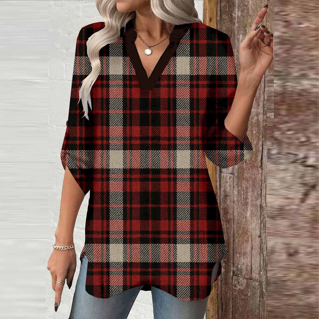 Women Checkered,Red,Green DZGA0307 3/4 Sleeve V-neck Printed Graphic Button Tops