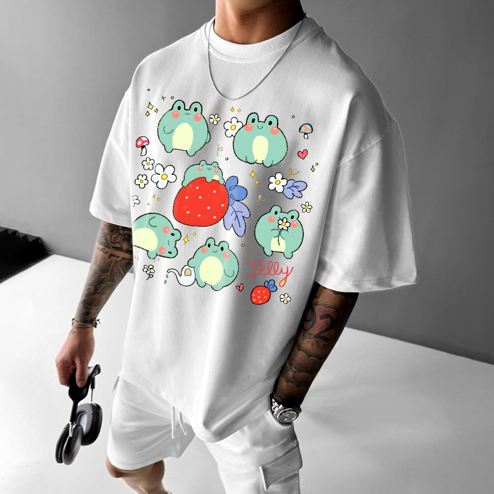 Casual Cute Strawberry Frog Print T-Shirt for Unisex
