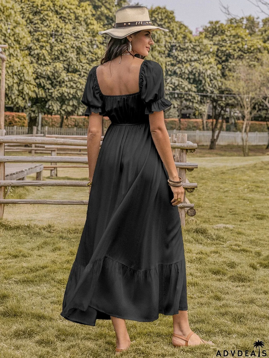 Square Neck Flounce Sleeve Midi Dress