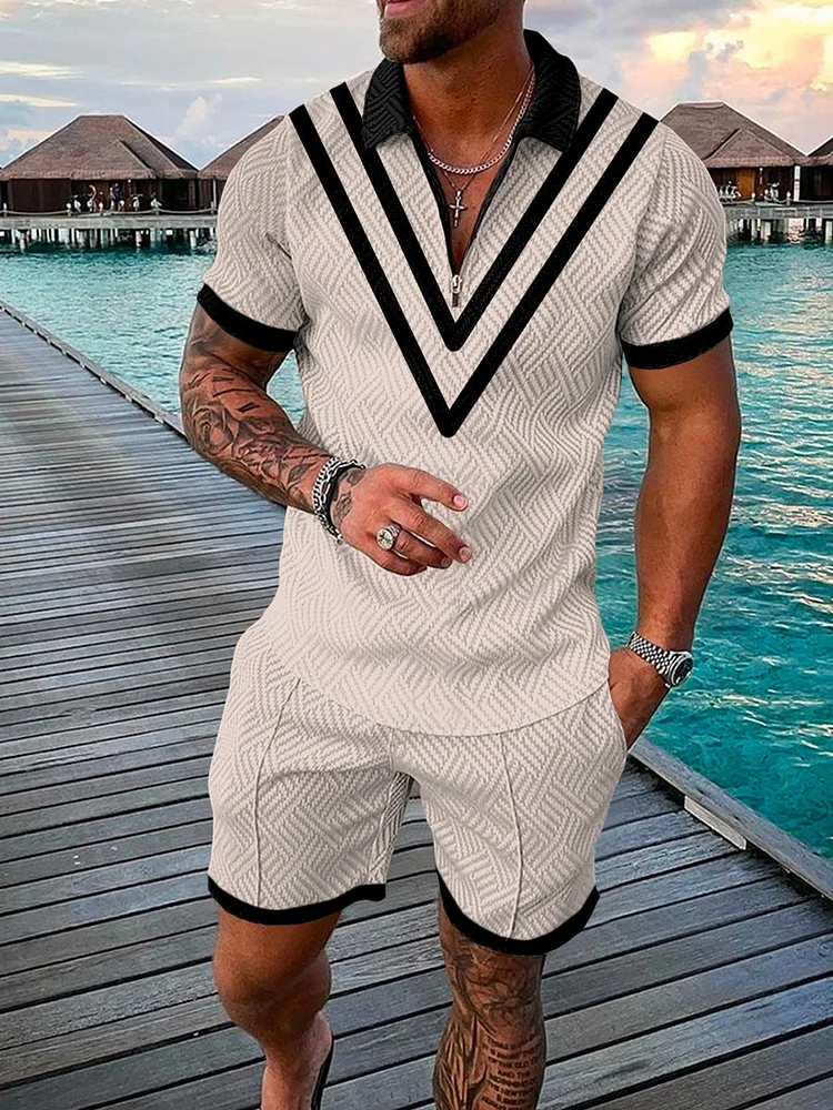 Men's Casual Printed Zip Polo Shirt and Shorts Two-Piece Suits