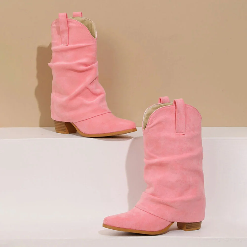 Fold Over Block Heel Snip Toe Pink Mid Calf Western Boots for Women