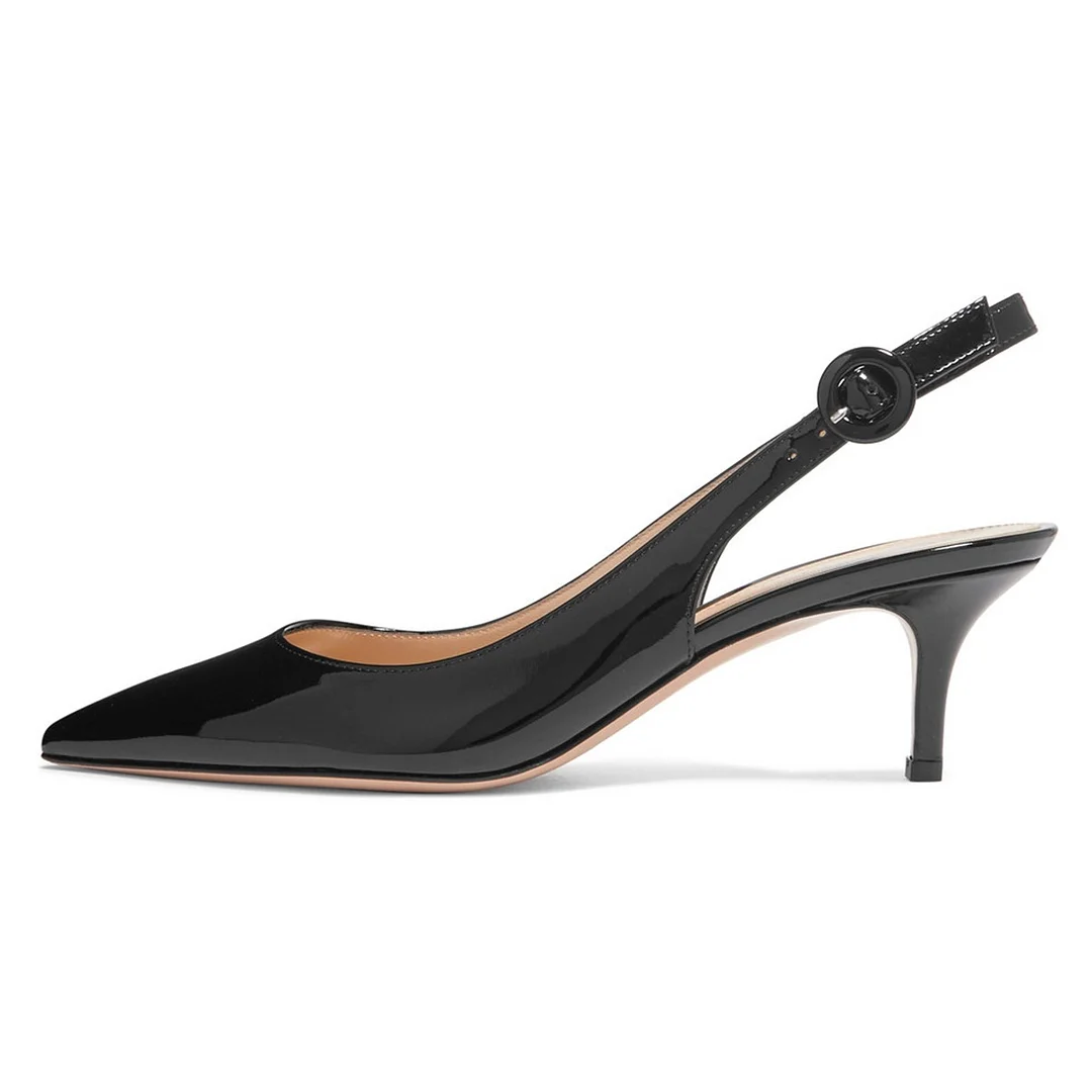 Patent Leather Pointed Toe Kitten Heel Buckle Slingback Pumps in Black