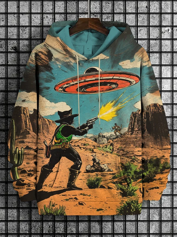 Men's Retro UFO Cowboy Black Cat Battle Against Alien Species Art Print Hooded Sweatshirt