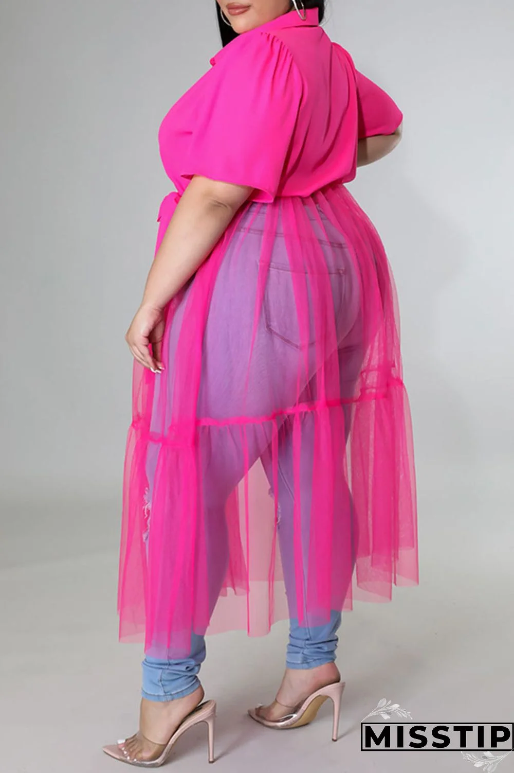 Black Casual Solid Patchwork Buckle Turndown Collar Plus Size Dresses